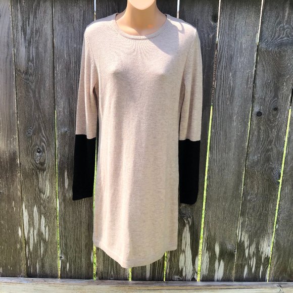 Cremieux Wool Cashmere Kelly Sweater Dress Oatmeal Black Colorblock Womens M NWT - Picture 1 of 11